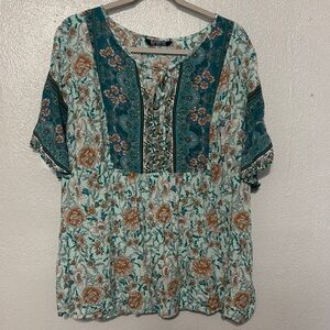 Bloomchic 22/24 Floral Boho Peasant Tunic Blouse Boho Babydoll Blue Teal Top